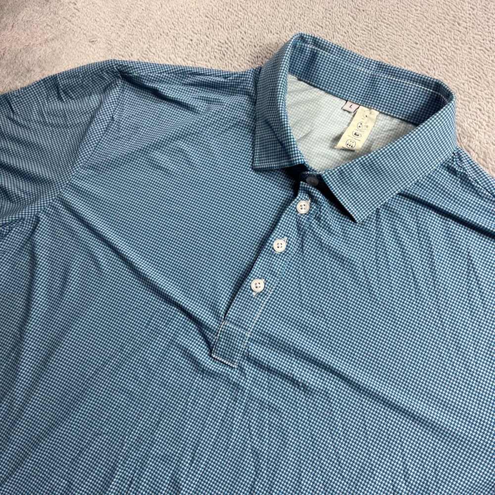 State & Liberty Mens Large Blue Houndstooth Short Sleeve Athletic Fit Polo Shirt